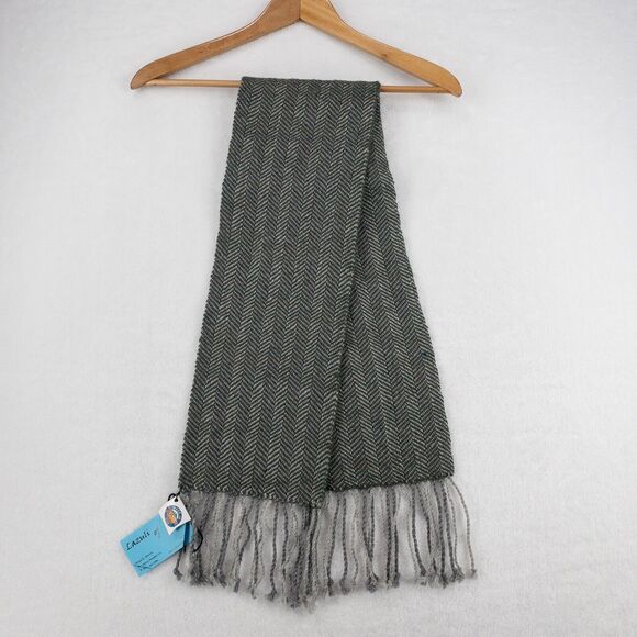 Wool Scarf Green Gray Handmade In Montana Fringe Rectangular Lazuli Of Lenore - Picture 1 of 11